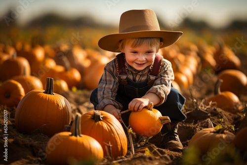 A young boy selecting pumpkins on Halloween at a pumpkin patch, Generative Ai
