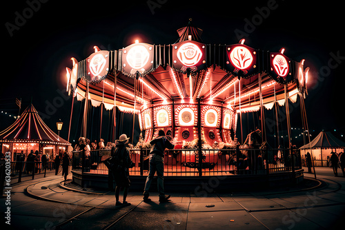 Merry-go-round in operation at night. Generative AI