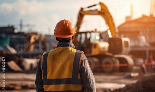 Construction worker at construction site with excavator background