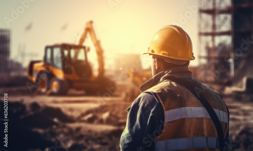 Back shot of construction worker in safety helmet looking at construction site with tractor excavator background  photo