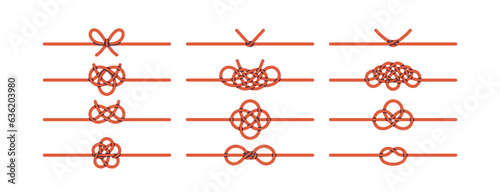 Japan knots patterns set. Mizuhiki, Japanese ribbon tying art. Asian twisted cords, ribbons decoration. Ceremonial bowknots, decorative elements. Flat vector illustrations isolated on white background