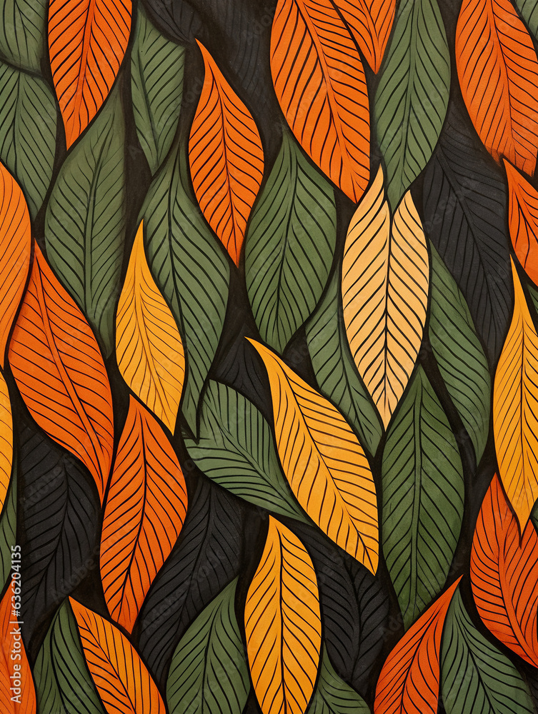 Pattern with orange and green leaves. Digital illustration. Created with generative AI technology