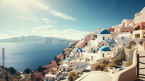 Greek city with white and blue houses by the sea. Background wallpaper