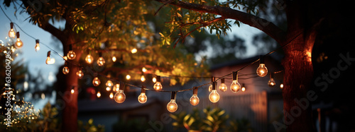 Outdoor string lights hanging on a line on outside house in backyard. Garden decoration. Party camping