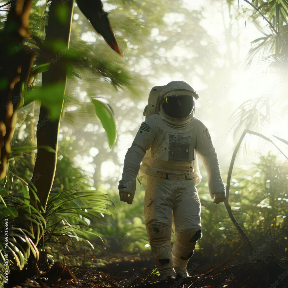 Illustration of a man wearing an astronaut suit exploring the forest.generative AI