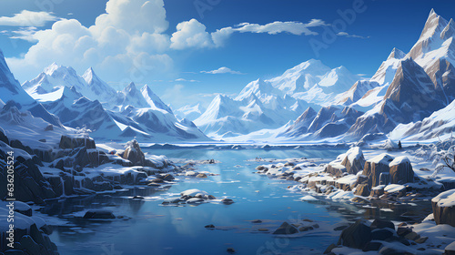 Mountains in snow and lake. Winter illustration of nature. The concept of winter recreation. Illustration. Perfect for travel brochures, and holiday advertisements. Generative AI.
