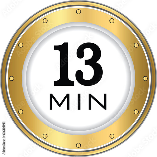 13 minute icon. Symbol for product labels. Different uses such as cooking time, cosmetic or chemical application time, waiting time . 13min time circle icon. isolated background.