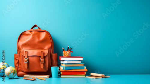 School desk with bag and school accessory on blue background with copy space.3D Rendering, 3D Illustration