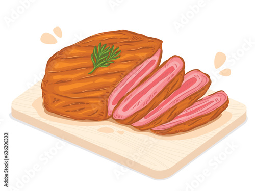 Beef Steak, grilled meat with rosemary, Food hand drawn, vector illustration.