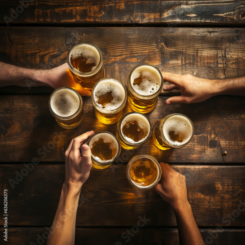 Top down view of hands holding beer glasses on a wooden table. Concept of Oktober Fest and drinking with friends. 