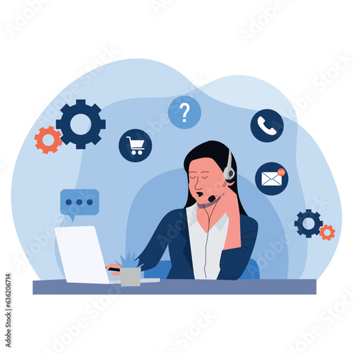 Customer Service concept with online personnel working on laptops taking calls and answering queries, colored vector illustration