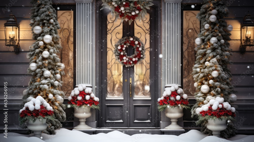 Fototapeta premium Porch and front door with beautiful Christmas decor created with Generative AI technology