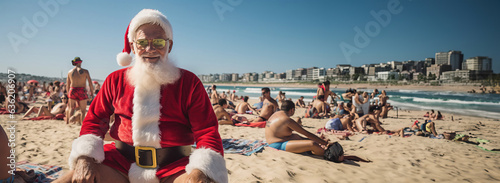 Santa Claus is on vacation  Santa Claus is resting on the beach  copy space. Created using generative AI technology.