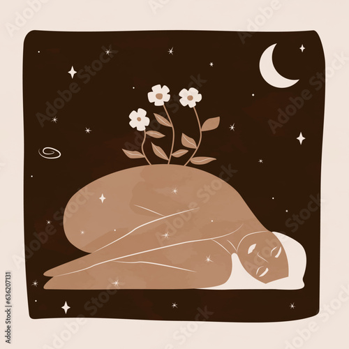 Boho poster with a lying woman from whose back flowers grow. Hope concept. Modern female print. Night sky, moon, stars. Stock vector illustration.