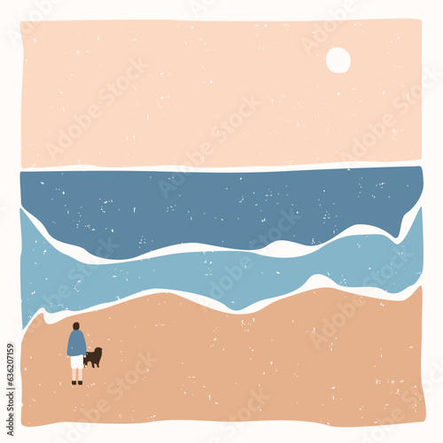 Modern abstract minimalist landscape poster. A lonely man with dog looking at sea. Back to nature. Pastel colors. Boho mid-century art print. Flat design. Stock vector illustration