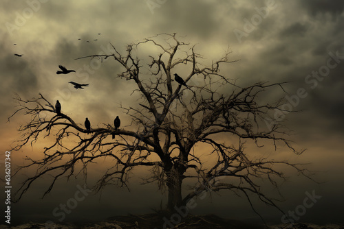 An image of a barren tree with ominous crows  representing the bleak aftermath of aggressive confrontations and the lurking danger