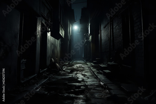 Ominous dark alleyway, where creeping shadows hint at lurking threats and the inherent danger that night conceals