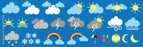 Set of colored flat weather icons vector illustration.