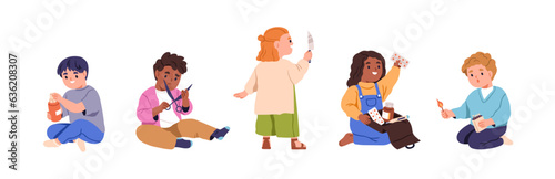 Kids in danger set. Children and safety, accident risks, dangerous situations. Toddlers, boys and girls playing with fire, knife, drugs. Flat graphic vector illustrations isolated on white background