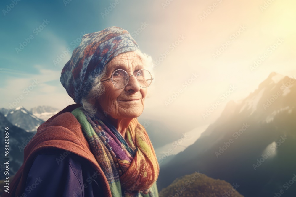 Happy senior woman mountains. Generate Ai