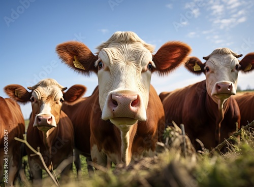 Thoroughbred cows graze on a green meadow © alexxndr