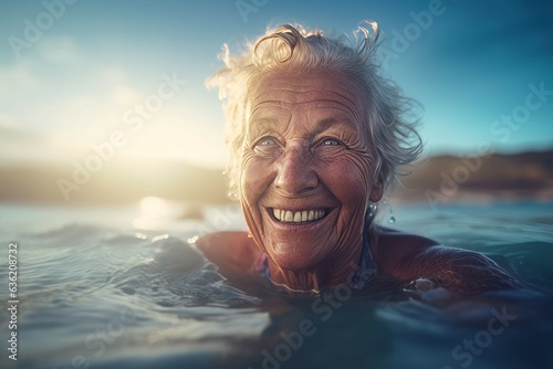 Senior woman sea. Generate Ai