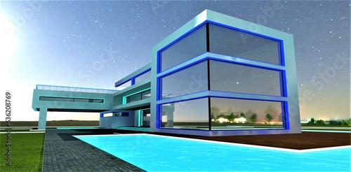 A new modern boutique hotel in minimalist style. Abundant glass and blue illumination. Marvelous pool with refreshing turquoise water. Incredibly large moon. 3D rendering.
