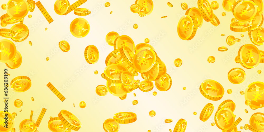 Chinese yuan coins falling. Scattered gold CNY Chinese yuan coins falling. Scattered gold CNY