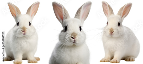 Collection of three white rabbits (portrait, sitting), animal bundle isolated on a white background as transparent PNG