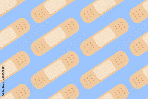 Beige Medical Band Aid Plaster Seamless Pattern background. Cute children's illustration of medical tape on blue background. Vector Illustration. EPS 10.
