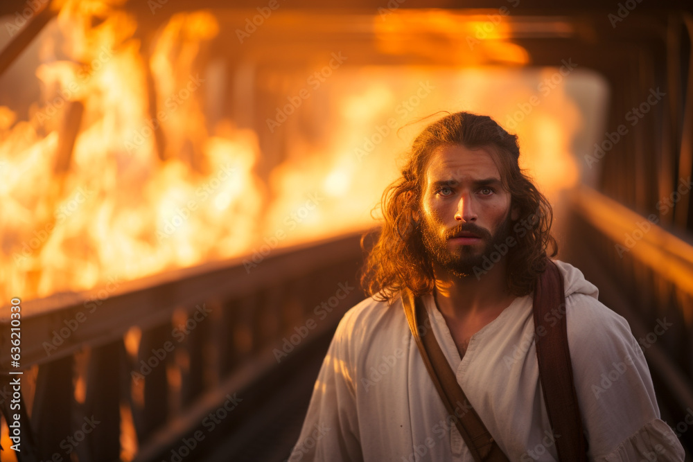 Jesus walks through a bridge, with a backdrop of a big fire, symbolizing his strength and