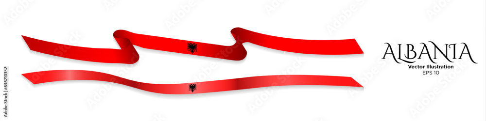 3d rendered curled Albania Flag long Ribbons with shadows, isolated on white background. Horizontal Ribbon of Albanian Flag colors with black double-headed eagle symbol. Vector Illustration. EPS 10.