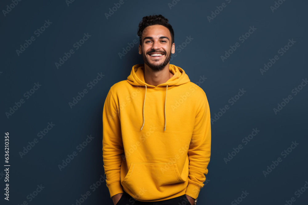 a man wearing a yellow hoodie against a blue background. Generative AI a man wearing a yellow hoodie against a blue background. Generative AI