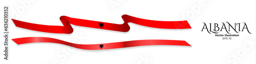 3d rendered curled Albania Flag long Ribbons with shadows, isolated on white background. Horizontal Ribbon of Albanian Flag colors with black double-headed eagle symbol. Vector Illustration. EPS 10.