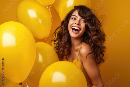 Happy girl with yellow balloons on a yellow background. Generative AI © gankevstock
