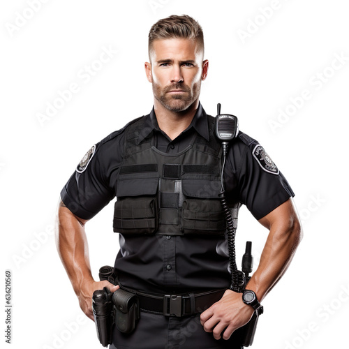 Casual Captivating closeup shot of an Police Officer with an isolated transparent background.