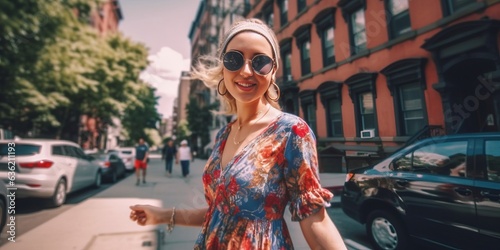 Happy blond girl wearing colorful dress and sunglasses in the downtown