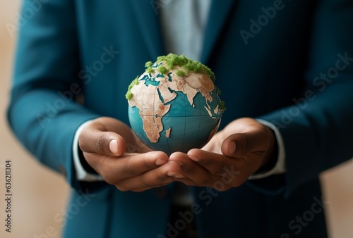 earth picked up by hand of businessman in suit