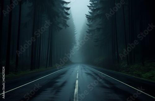 fog on the road in a foggy woods