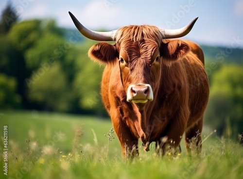 big bull on a green field