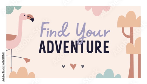 Scandinavian kids banner design. Horizontal background with cute flamingo bir...