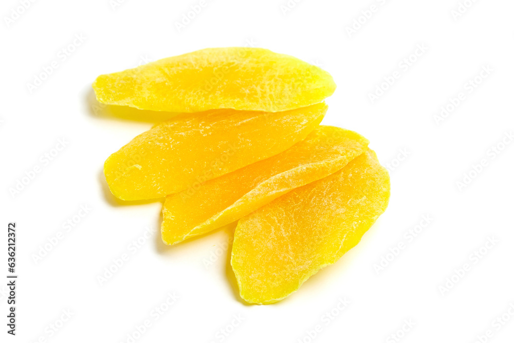 Candied mango fruit chips isolated on white background. Dry dehydrated mango slices Candied mango fruit chips isolated on white background. Dry dehydrated mango slices