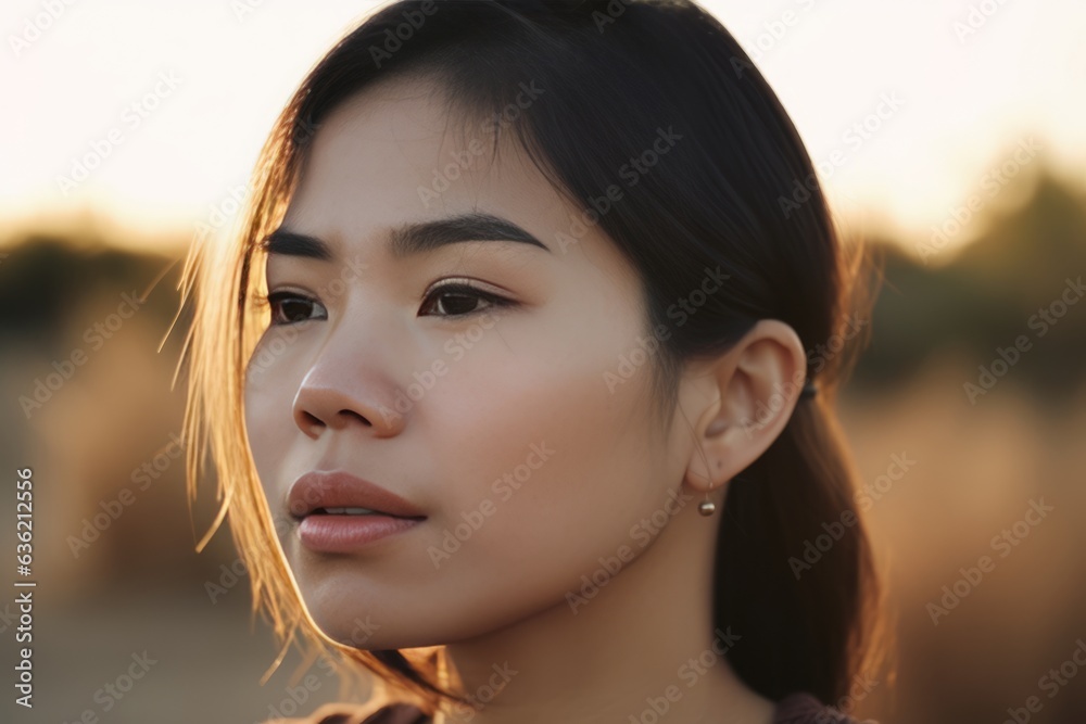 Sad Asian girl in a field in the evening, ai art Sad Asian girl in a field in the evening, ai art