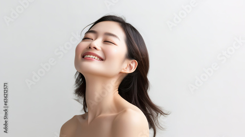 Asian girl with healthy skin looks up, ai art