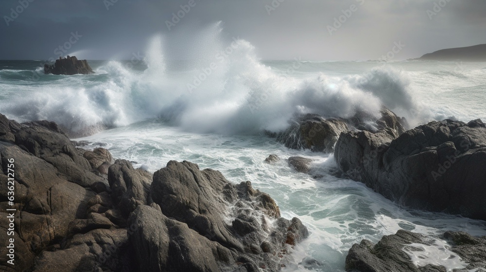 Dramatic Coastal Clash Ocean Waves Surge and Crash Amidst Stormy Skies