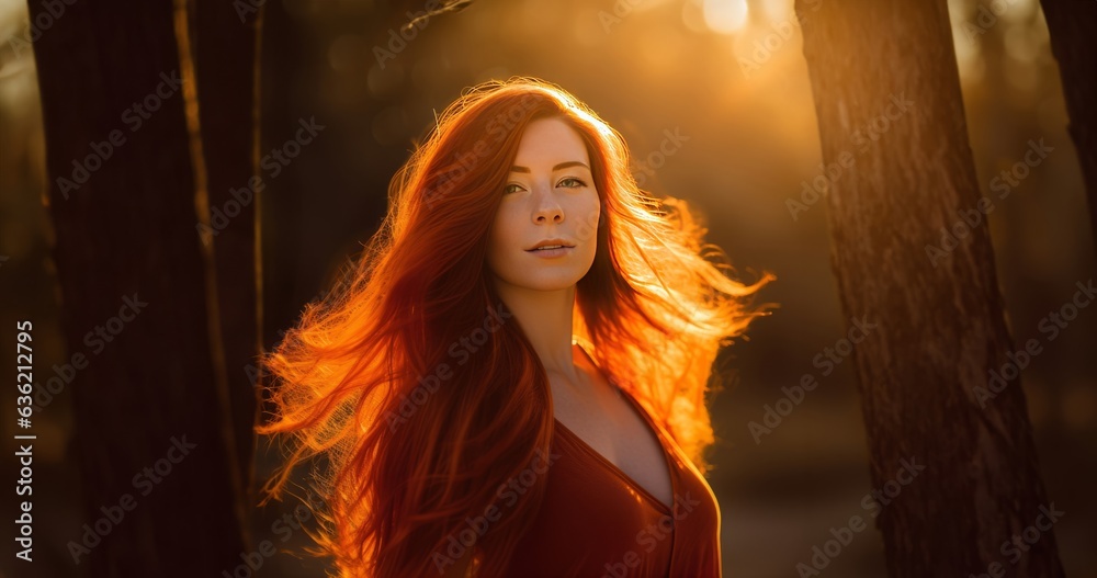 Ginger girl in red dress at autumn, ai art