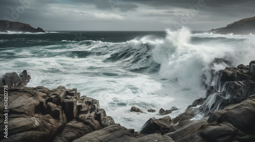 Storm's Embrace Ocean Waves Strike with Grandeur Against Resilient Rocks