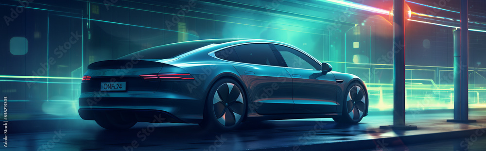 Naklejka premium Electric Car Charging at Modern Charging Station with Futuristic Cityscape Background, Copy Space, Generative AI