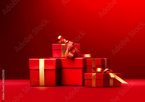 Christmas gift in red paper isolated at red background. Gift box.