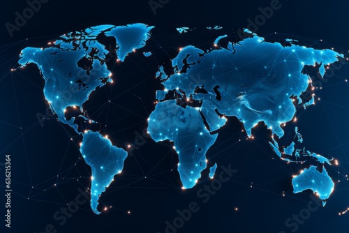 Global Connections: Dark Blue Background with Map of Earth and Network Connections, Generative AI